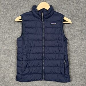 Patagonia Kids Size 10 Medium Quilted Vest Navy Recycled Down Waterfowl Pockets